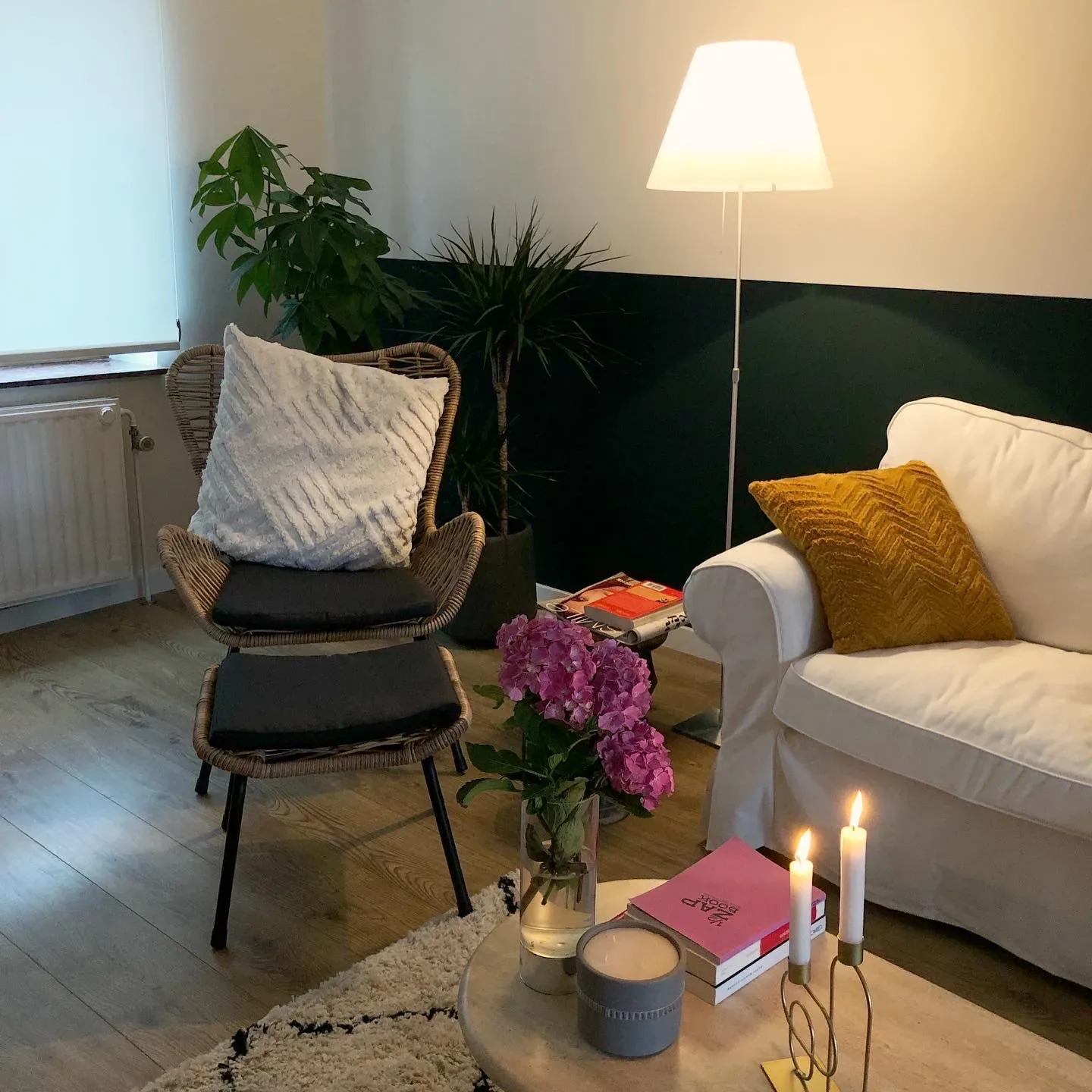 Rive Gauche — coin salon, fauteuil rotin et soubassement vert sapin